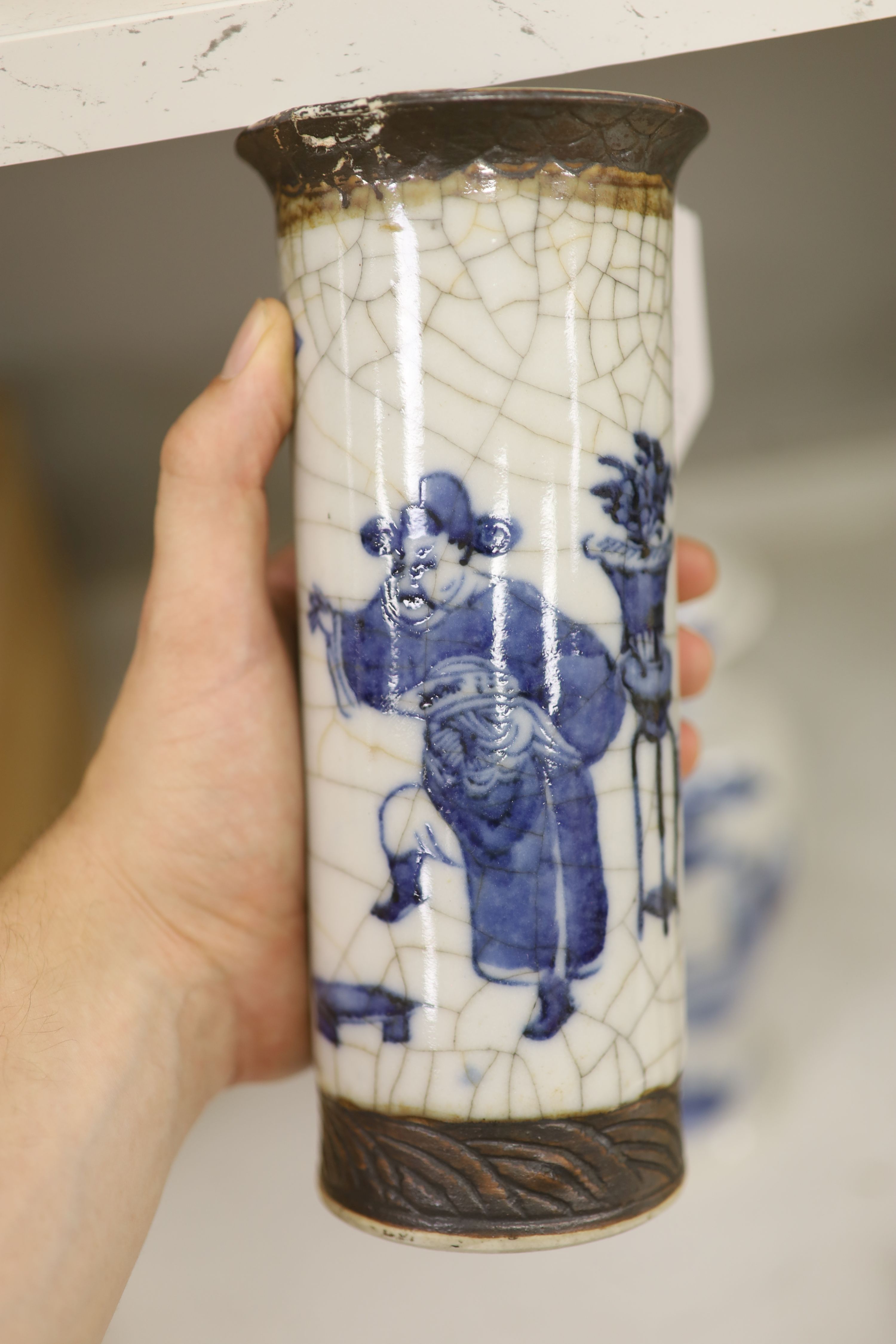 Three Chinese blue and white vases, a cloisonne enamel vase, another vase and a soapstone figure
